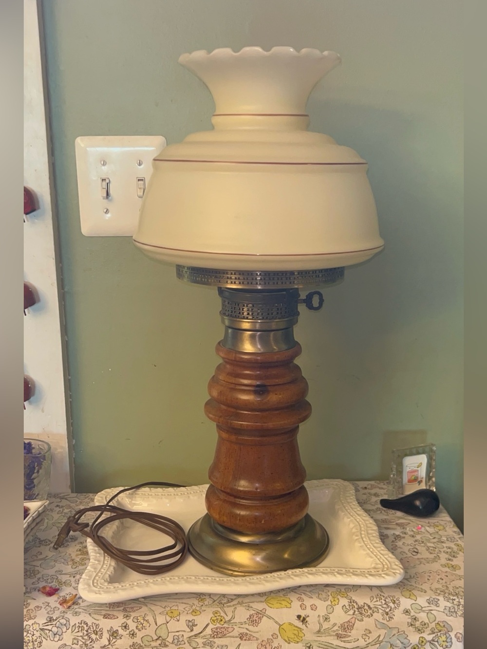 Table Lamp Vintage Wood and Brass Base with Cream Hurricane Shade